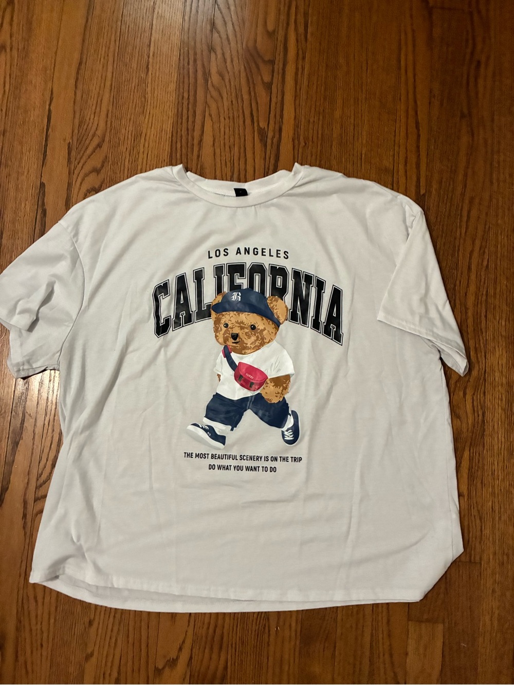 SHEIN White California Bear Graphic Tee with Navy & Tan Print